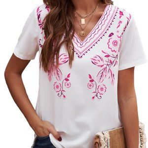 White Floral Pattern V-Neck Top